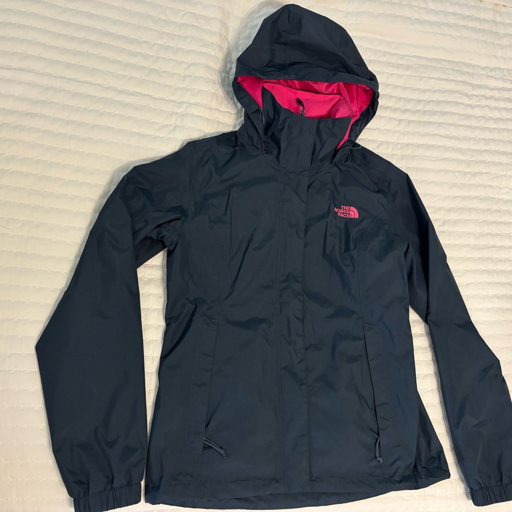 The North Face Women's Navy Rain Jacket with Pink Highlights and Inside